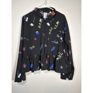 COLLUSION Quarter Zip Peplum Top Black Y2K 90s Artsy Floral Boxy Ruffle Size‎ 6